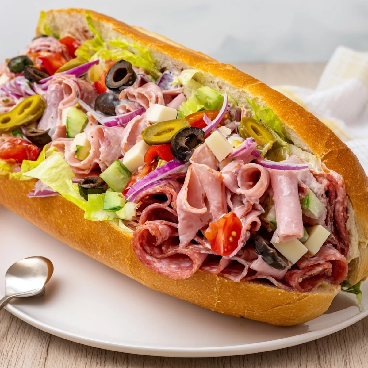 Colorful Flavor Mash-Up Sandwiches showcasing layers of salami, turkey, and tangy dressings.