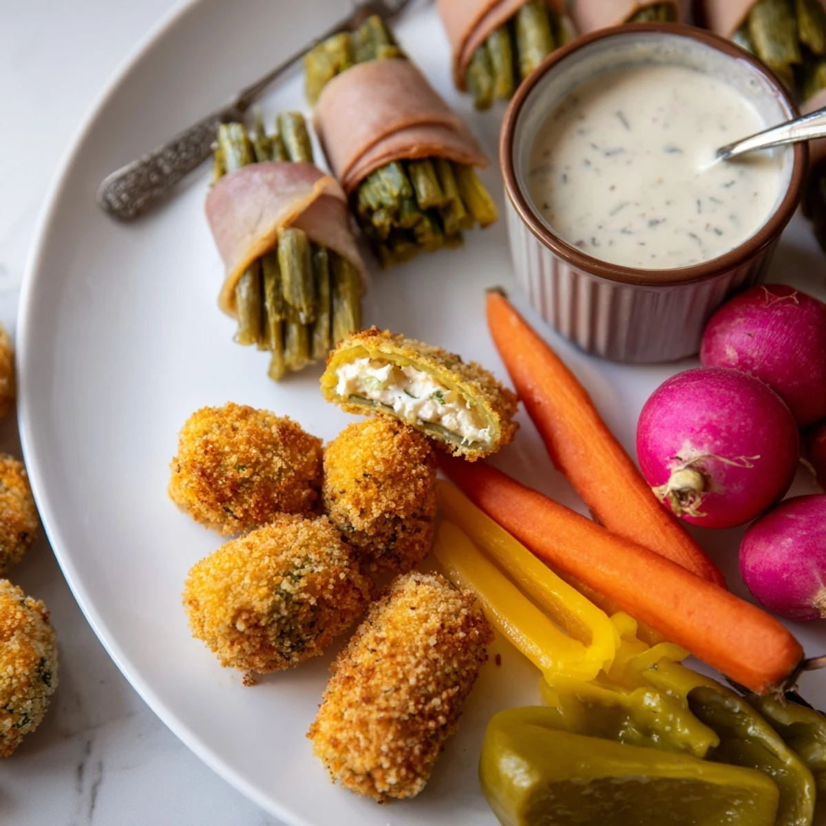 Colorful platter of tangy fried pickles and pickled vegetables from the Pickle Lovers Meal.