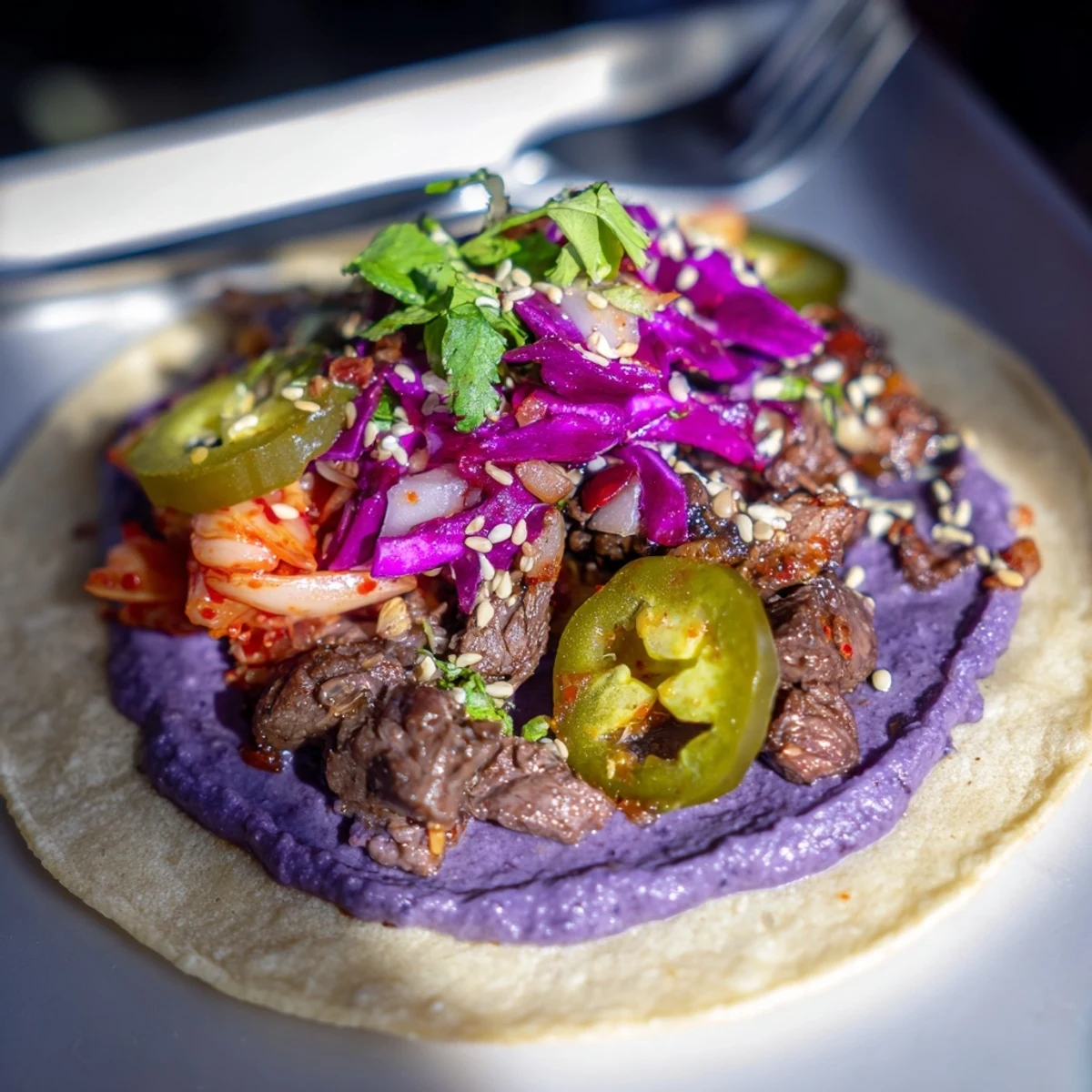 Colorful Global Street-Food Fusion Tacos topped with ube crema and fresh vegetables.  