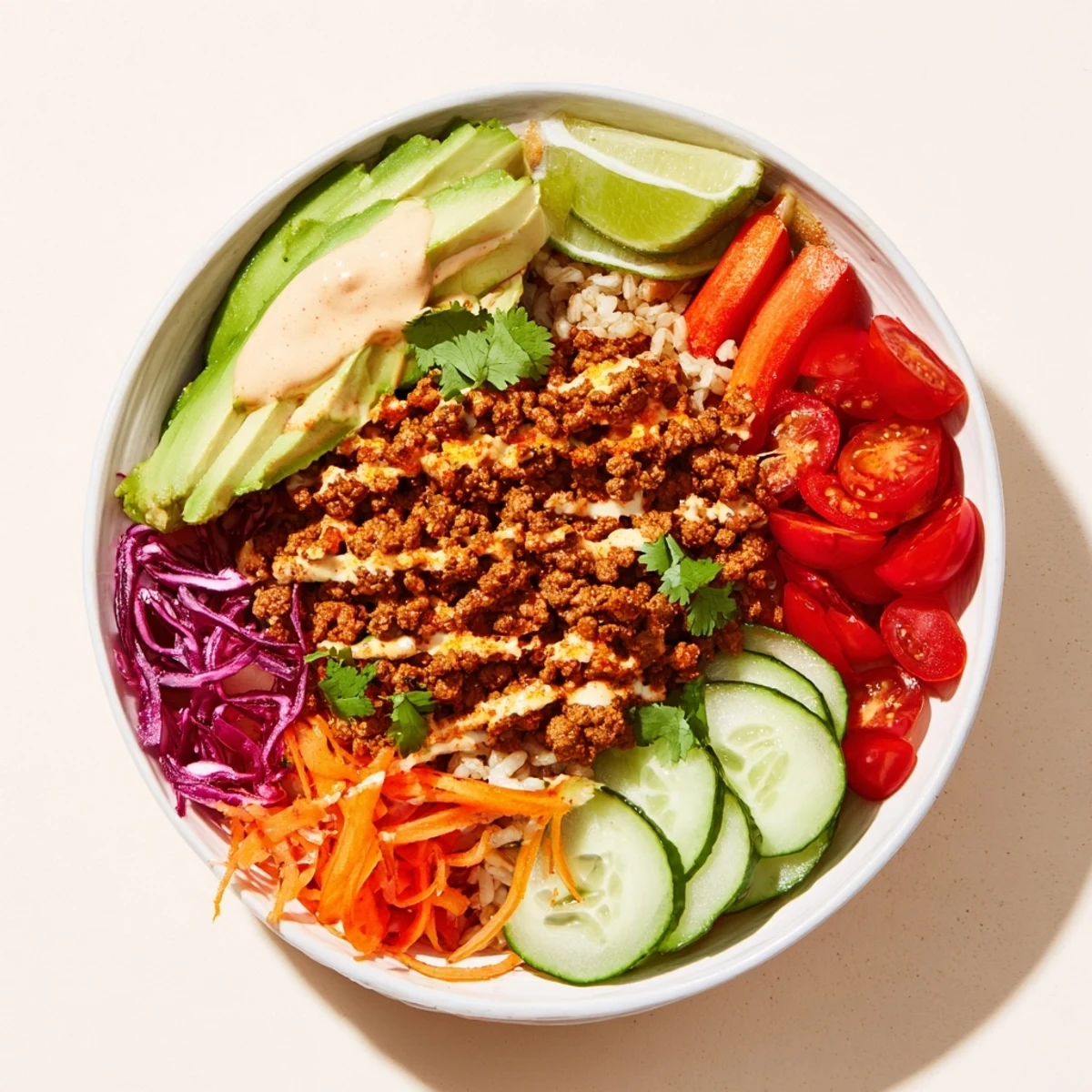 Savory plant-based meat bowl featuring vibrant vegetables and zesty lime wedges.  