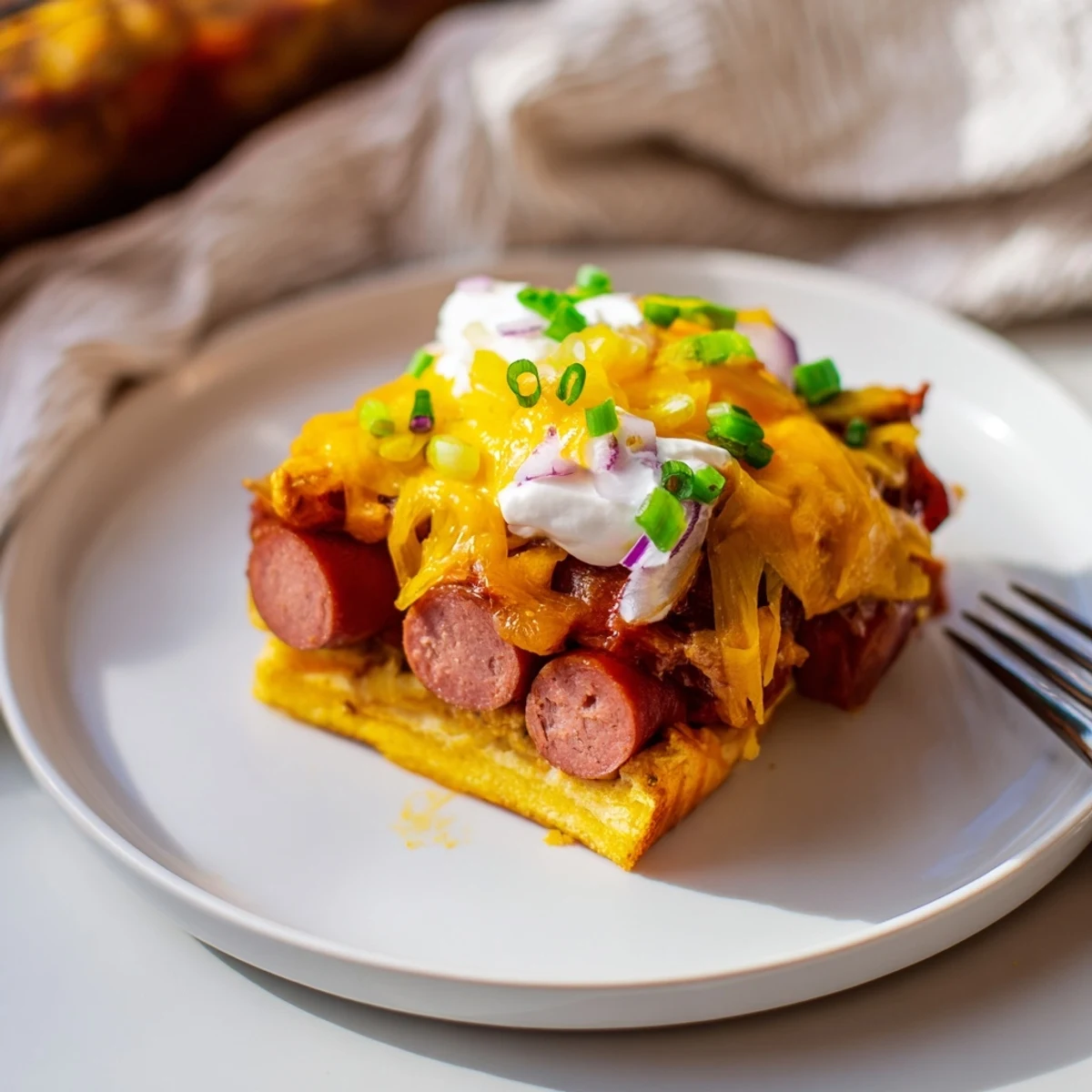 Warm and cheesy chili dog casserole topped with fresh chives and sour cream.