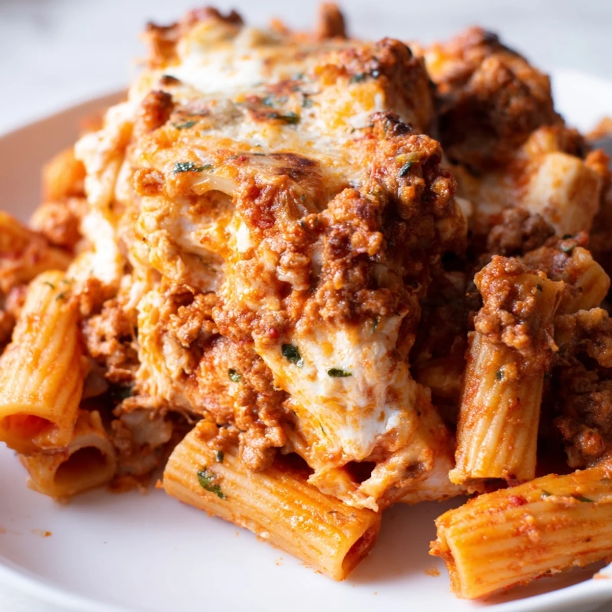 Baked Ziti with Meat Sauce, layered with creamy ricotta and rich ground beef.