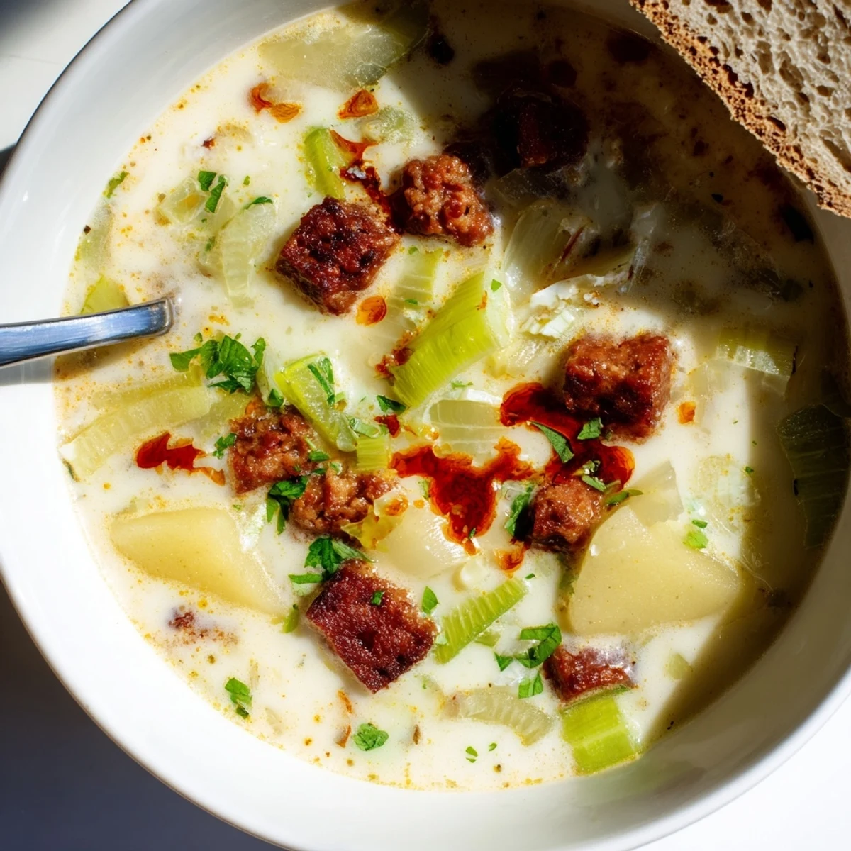 Creamy potato, leek, and chorizo soup served in a rustic bowl, garnished beautifully.  