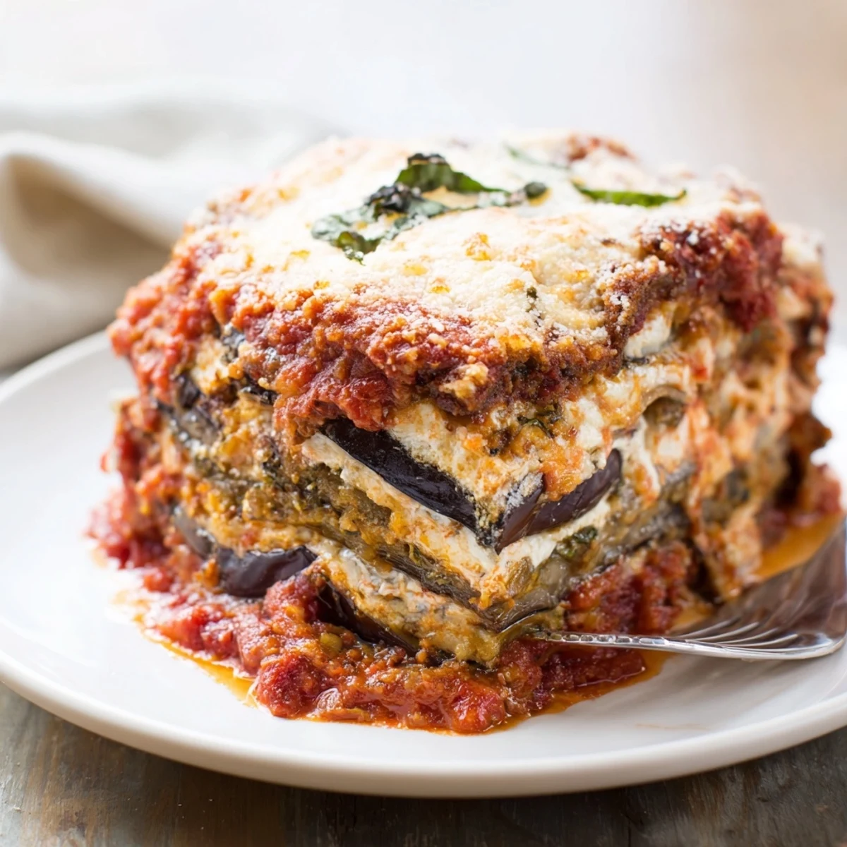 Succulent Eggplant Parmesan Lasagna layered with rich tomato sauce and melty cheese.  