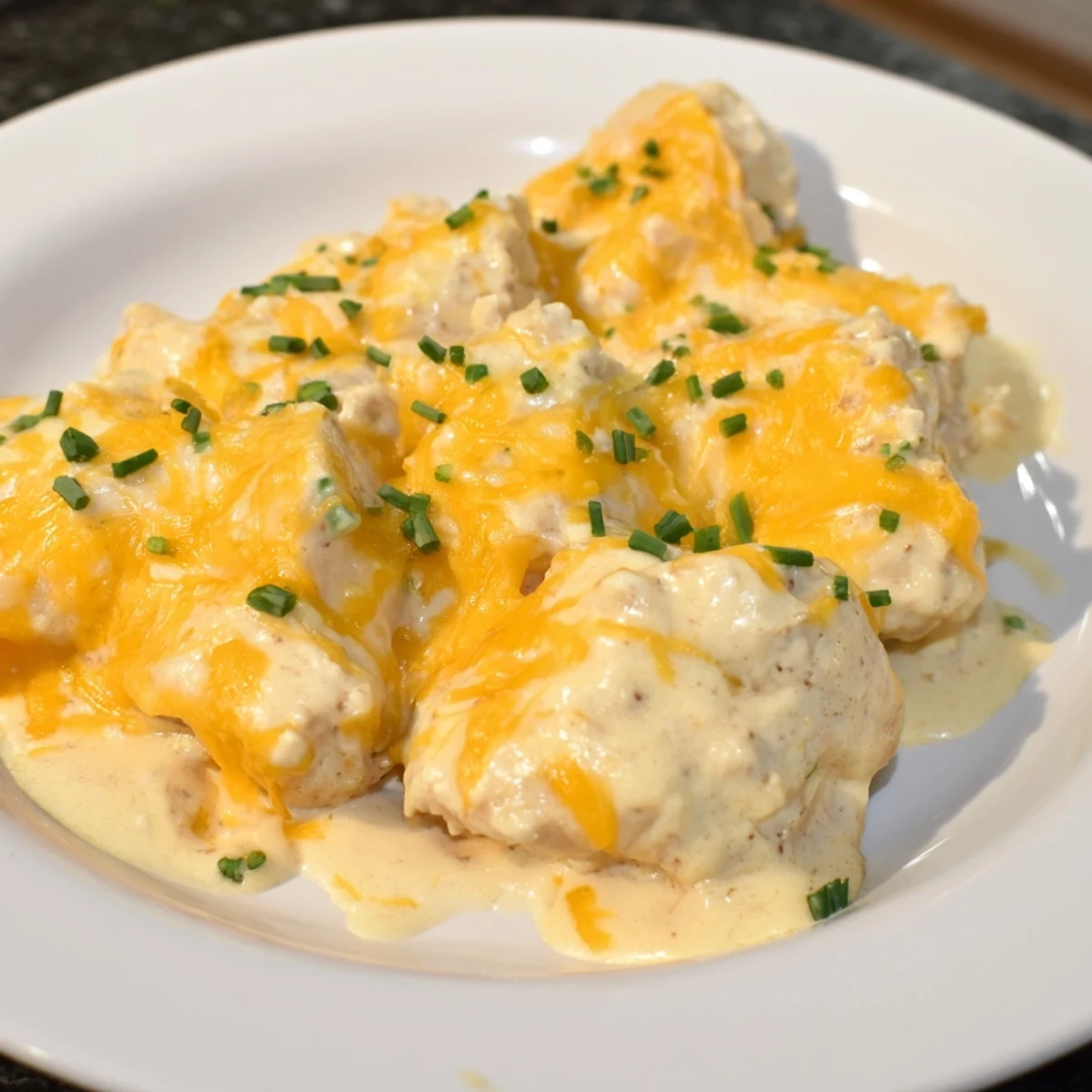 A close-up of a flavorful Cheddar Ranch Chicken Bake topped with melted cheese, perfect for dinner.