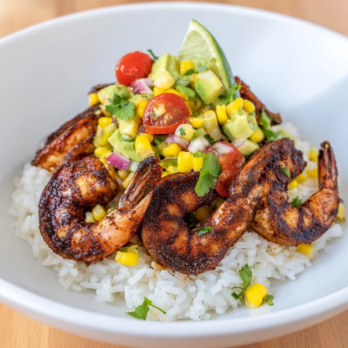 A delicious pile of blackened shrimp bowls over fluffy rice, garnished with vibrant cilantro and lime wedges.