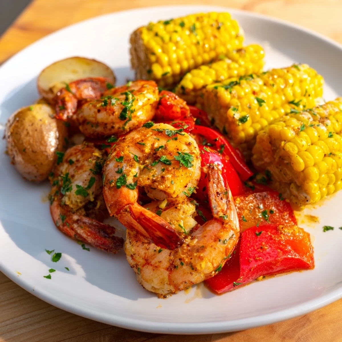 Vibrant Cajun Shrimp & Sweet Corn Platter bursting with color, offering shrimp, corn, potatoes, and bell peppers.