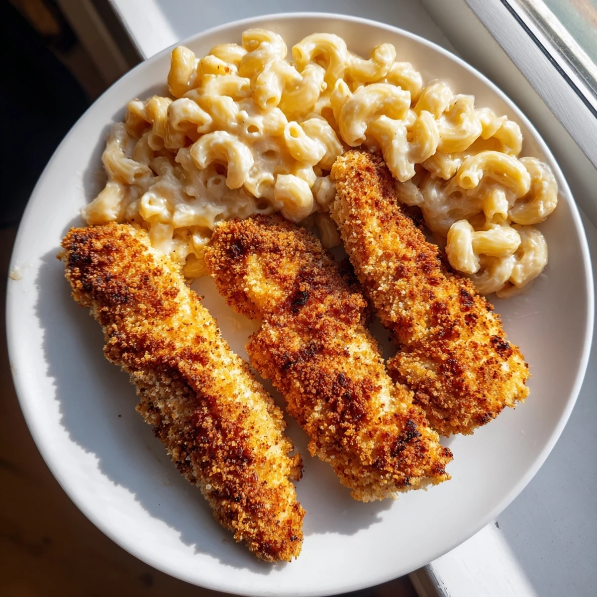 Beautifully plated crispy chicken tenders with perfectly cooked mac and cheese, ready to eat and enjoy.