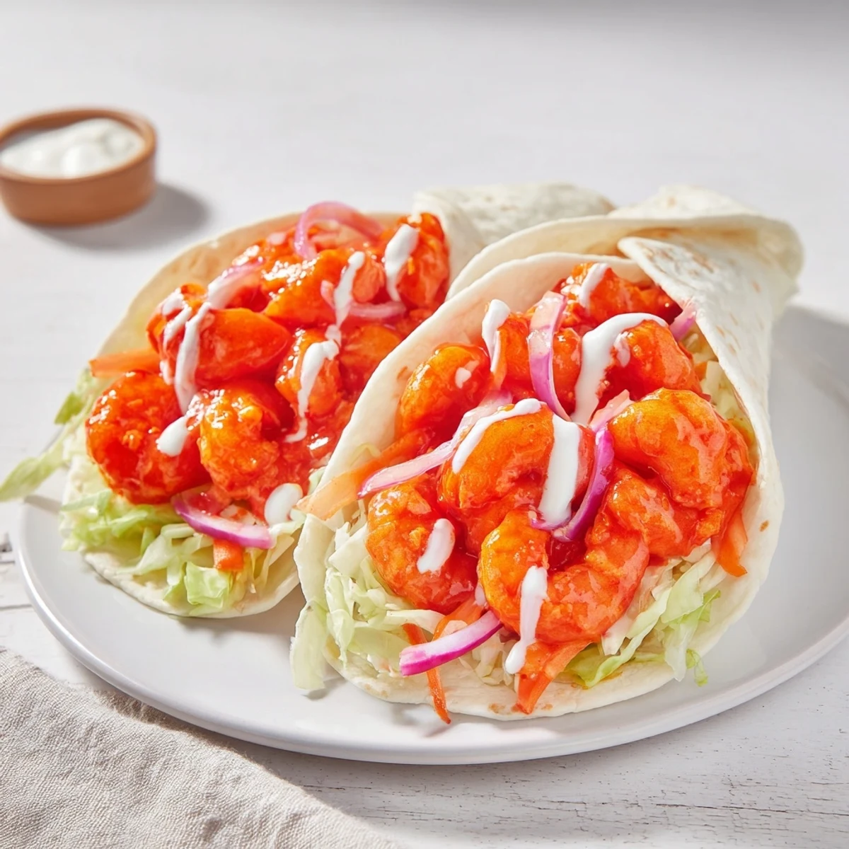 A close-up shot of delicious buffalo shrimp wraps showcasing spicy shrimp nestled in wraps.