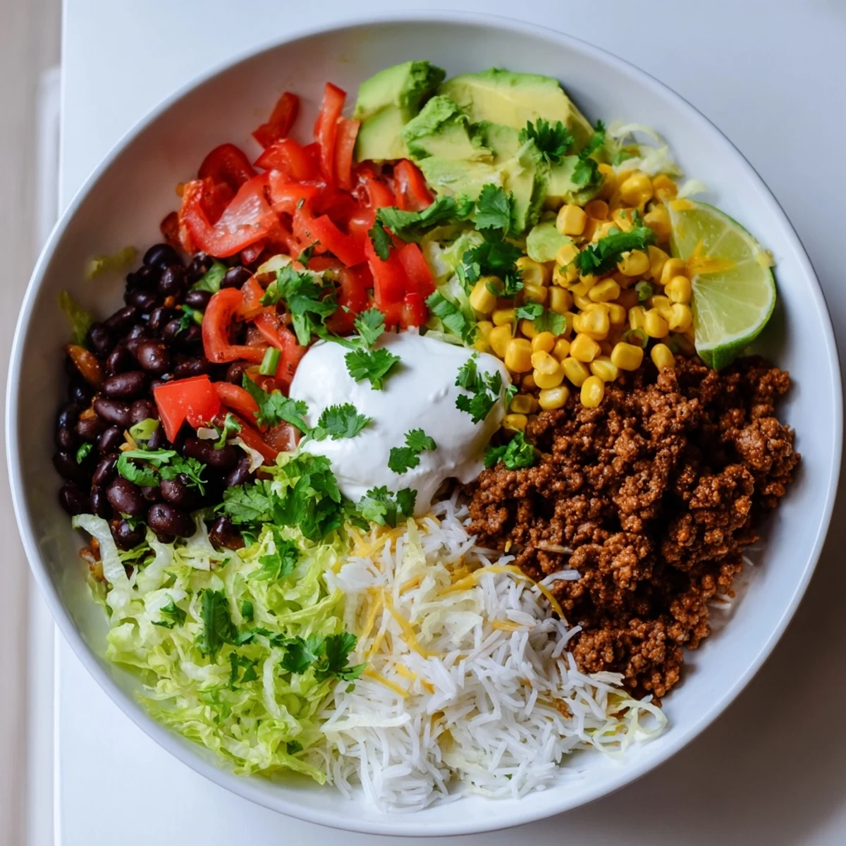 A Loaded Beef Burrito Bowl, filled with colorful layers and a delicious Tex-Mex flavor.