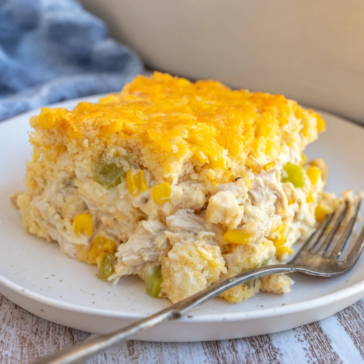 A warm Southern Cornbread Chicken Casserole, bubbly with cheesy chicken and sweet corn, ready to eat!