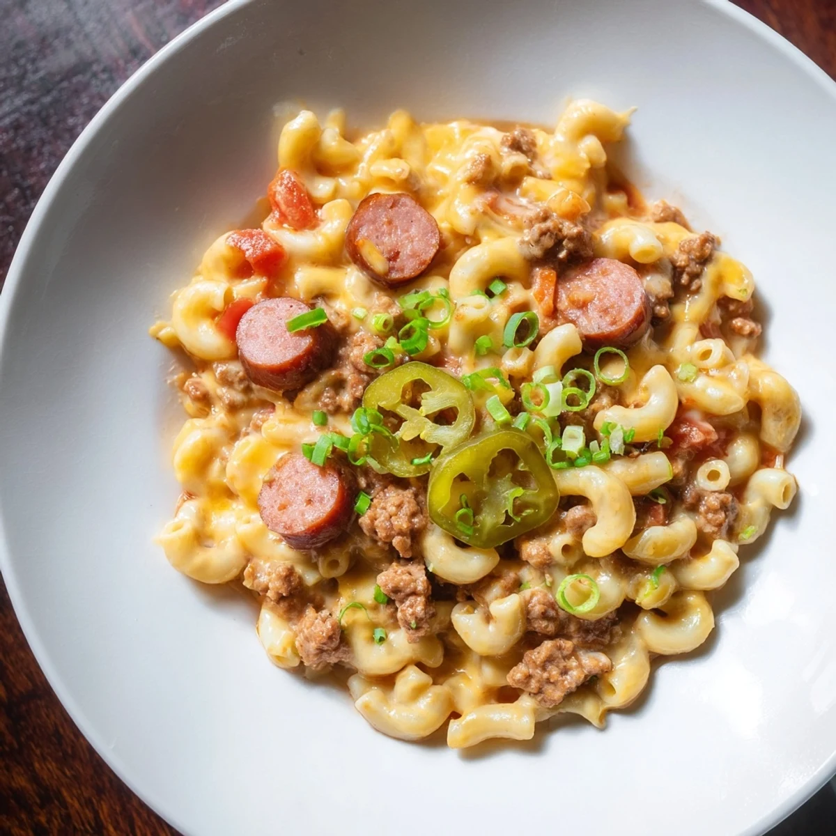 Golden-browned Chili Cheese Dog Mac & Cheese, with green onion garnish, ready to serve and enjoy.