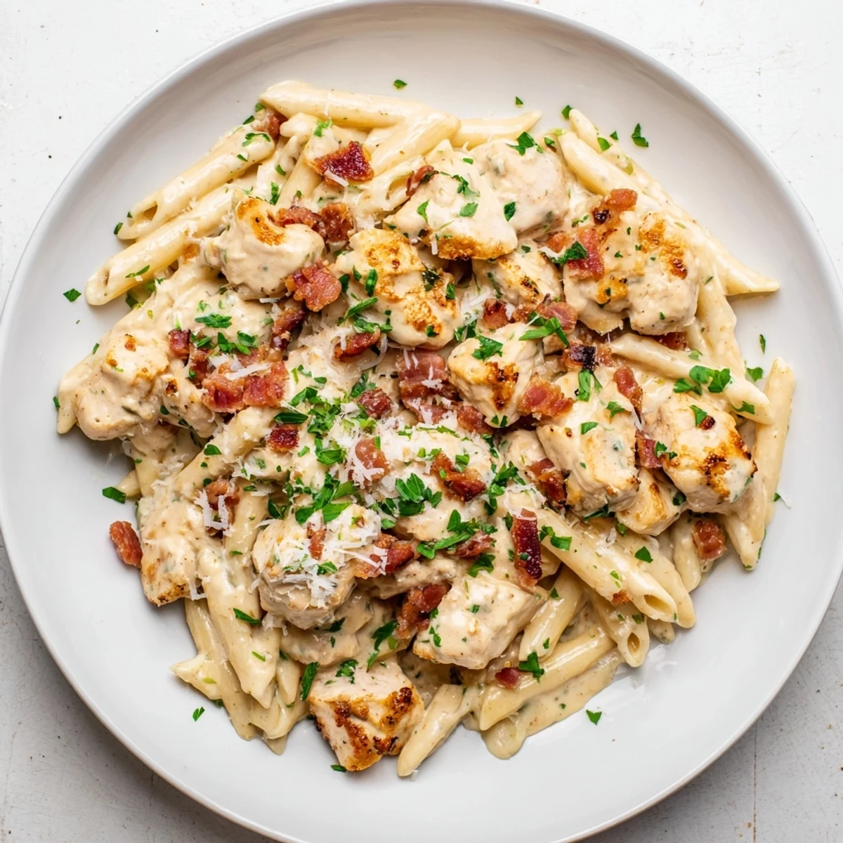 Creamy Ranch Chicken & Bacon Penne with golden chicken and crispy bacon; a comforting pasta dinner.