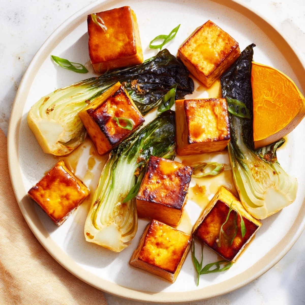 Vibrant Miso-Glazed Tofu & Winter Squash dish with bok choy; imagine the umami-rich flavors melding together.
