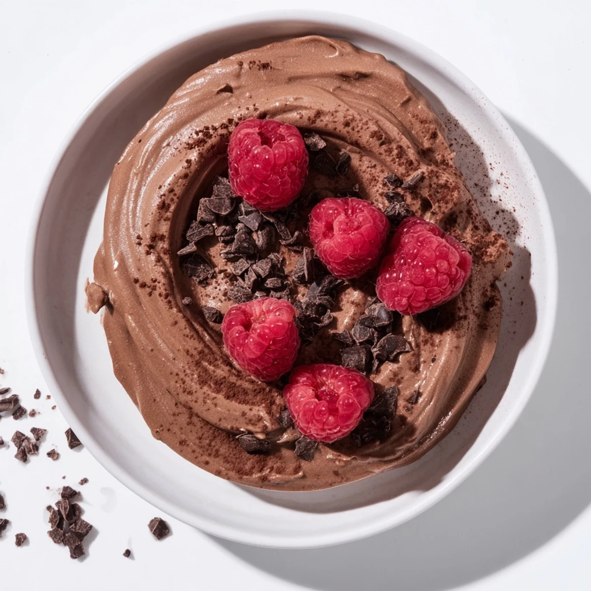 A close-up of decadent avocado chocolate mousse with fresh raspberries, ready to be enjoyed.