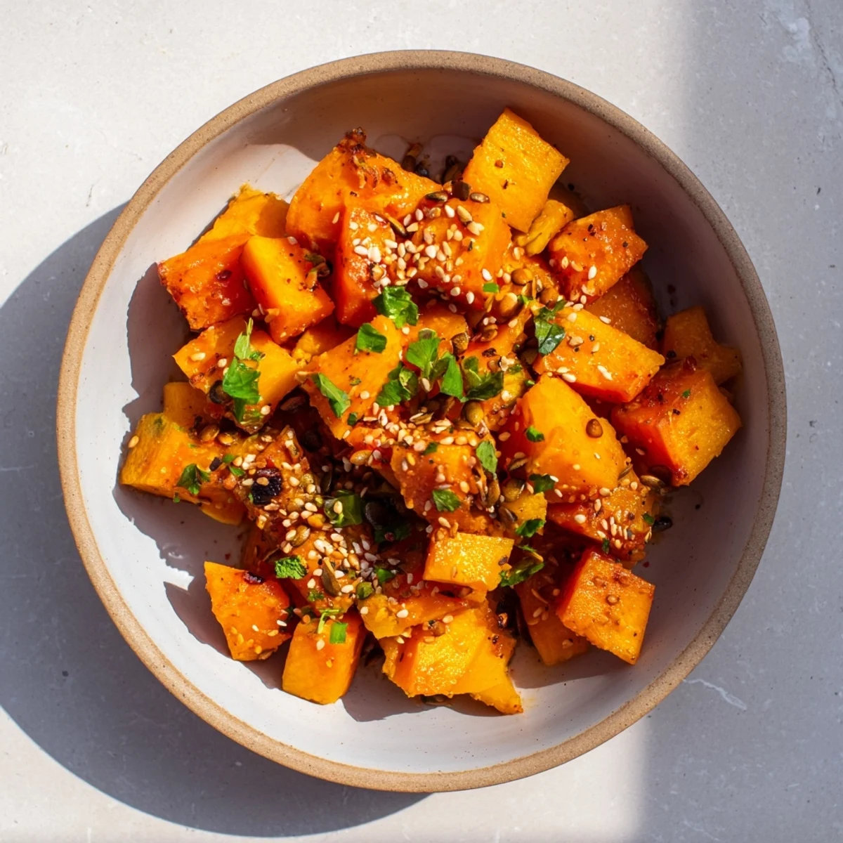 Golden, roasted Brussels sprouts and butternut squash with orange dressing, a delicious side.