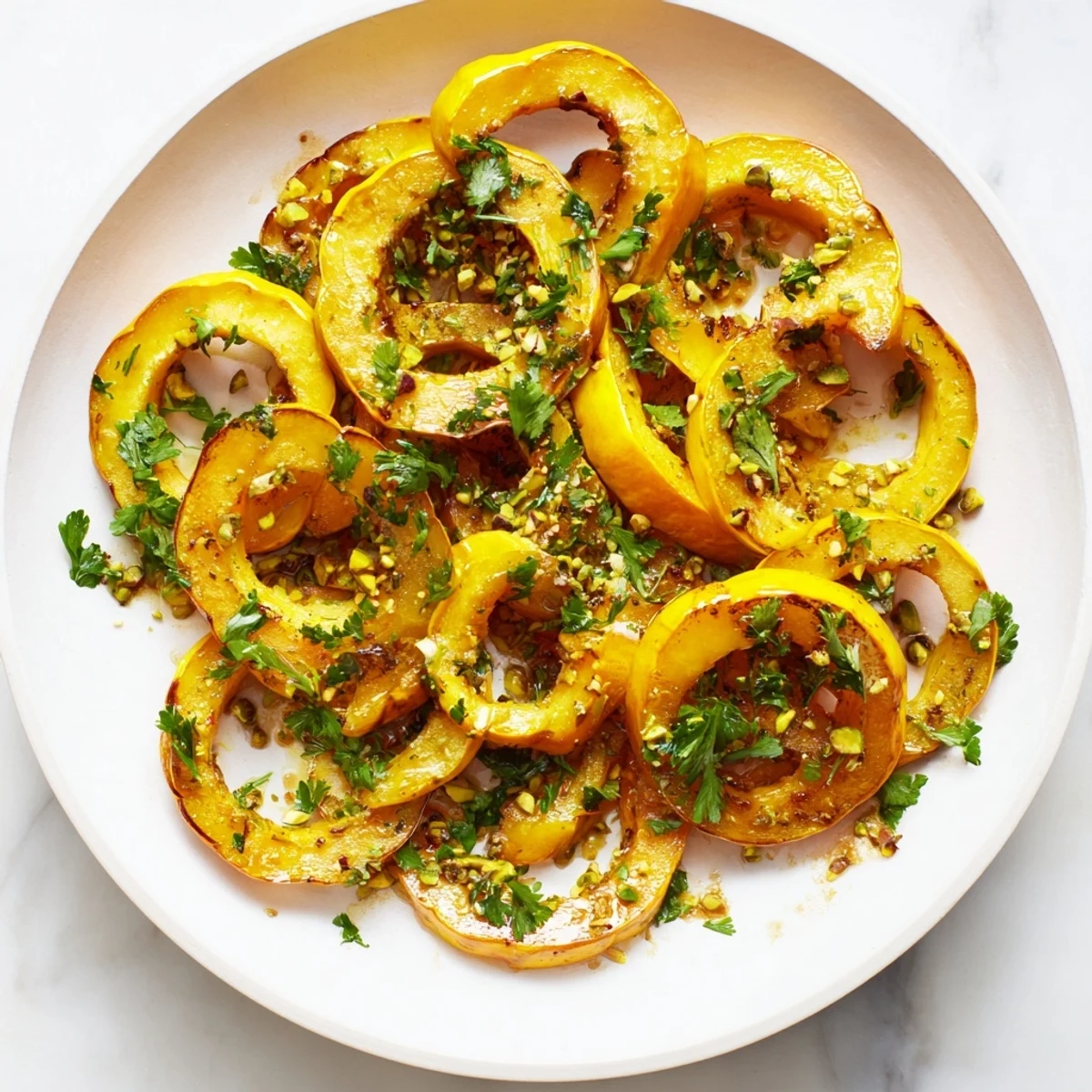 Golden, glistening Baked Delicata Squash Rings, sprinkled with pistachios, ready to enjoy as a seasonal side.