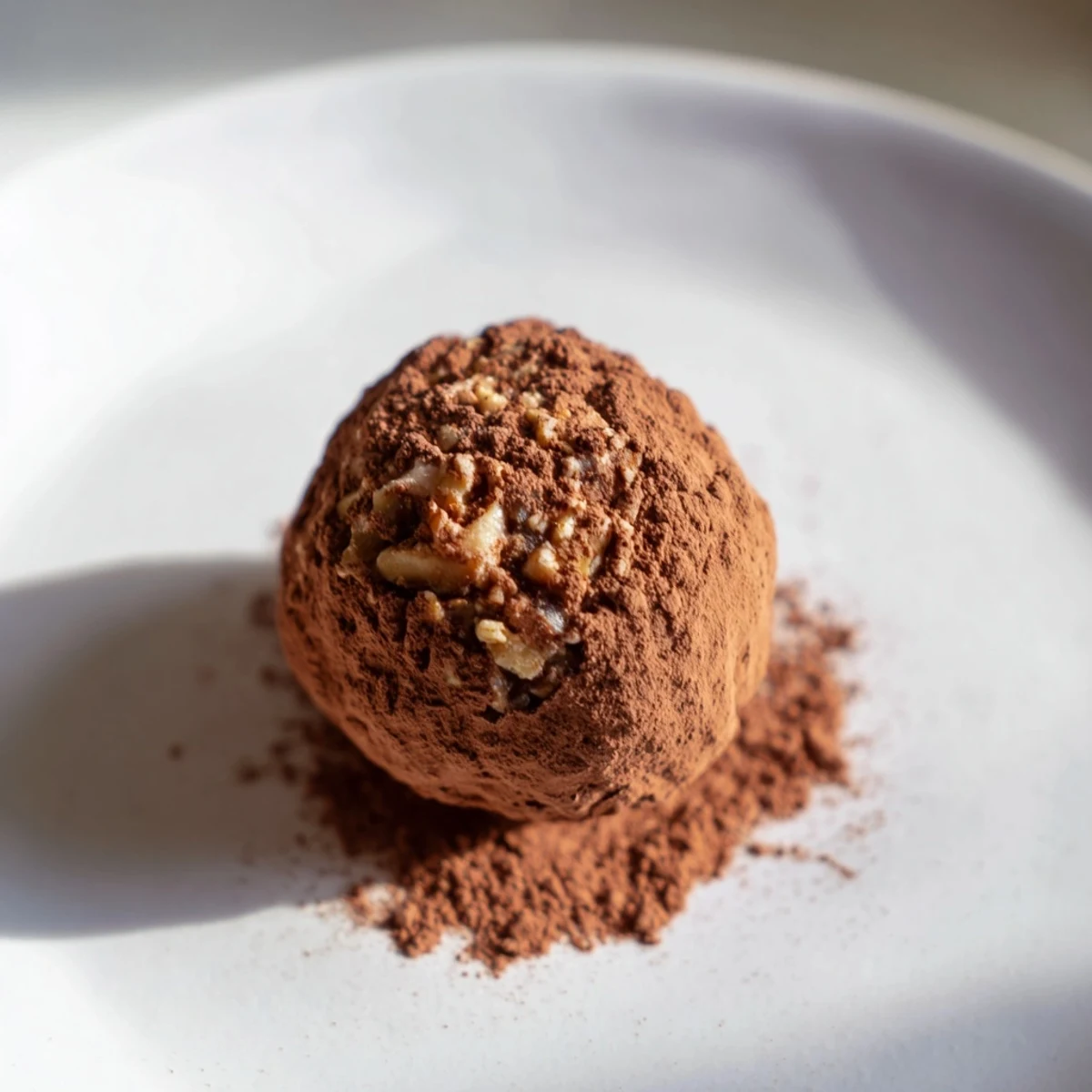 A plate of homemade Date & Walnut Truffles, a wholesome, no-bake treat with a cocoa finish.