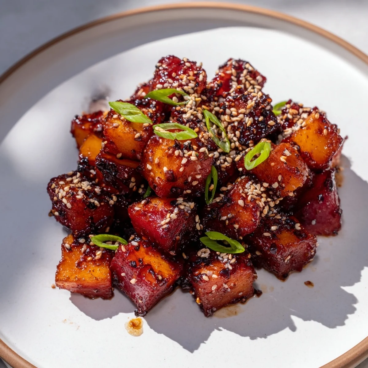 Steaming plate of miso roasted winter vegetables, offering a balance of sweet and savory flavors.