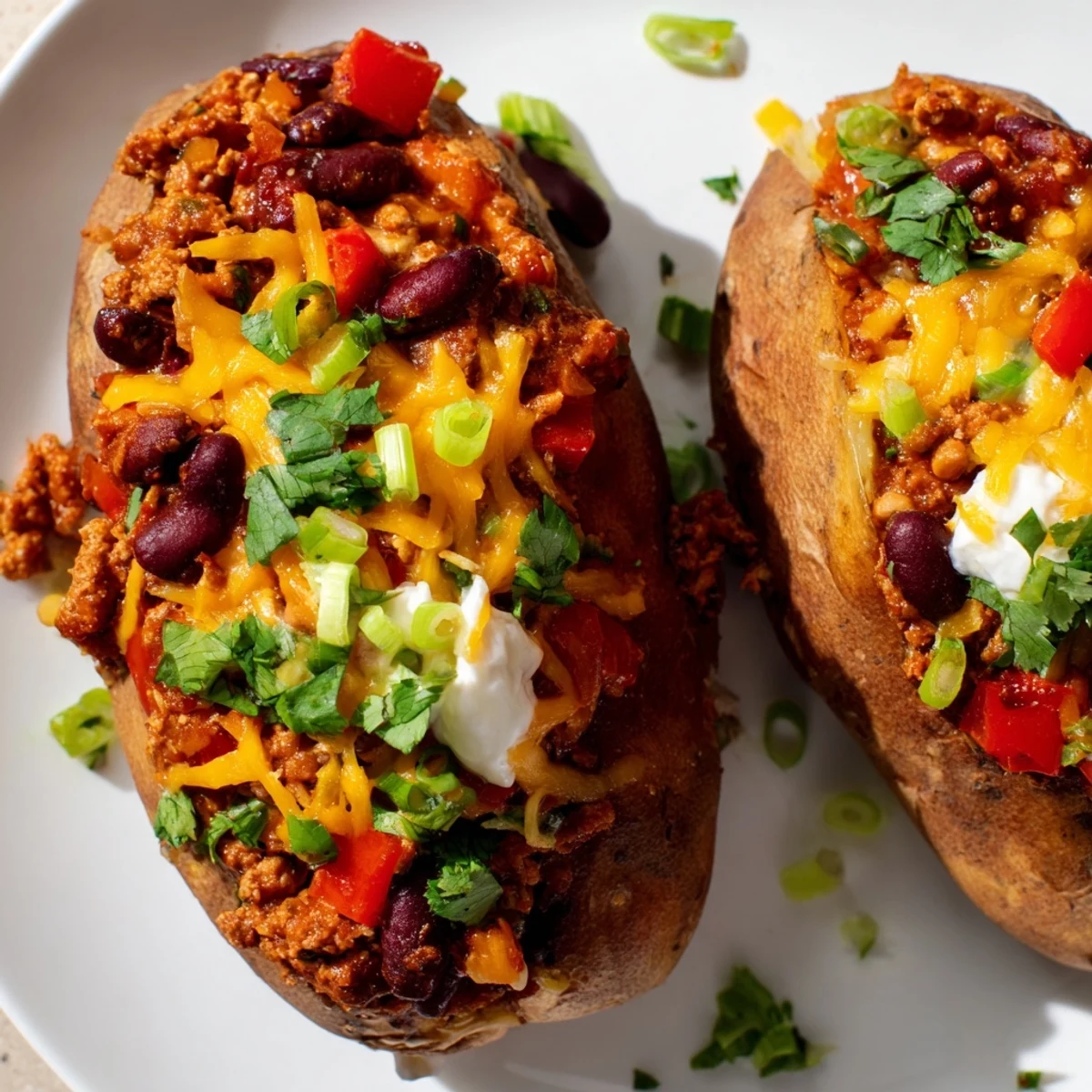 A close-up of Chili-Style Baked Potatoes: fluffy baked potatoes overflowing with hearty chili and cheese.