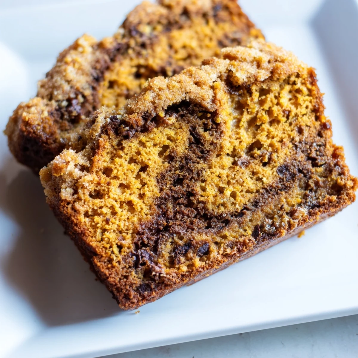 A warm slice of pumpkin bread, lightly spiced and perfect for a cozy autumn treat.