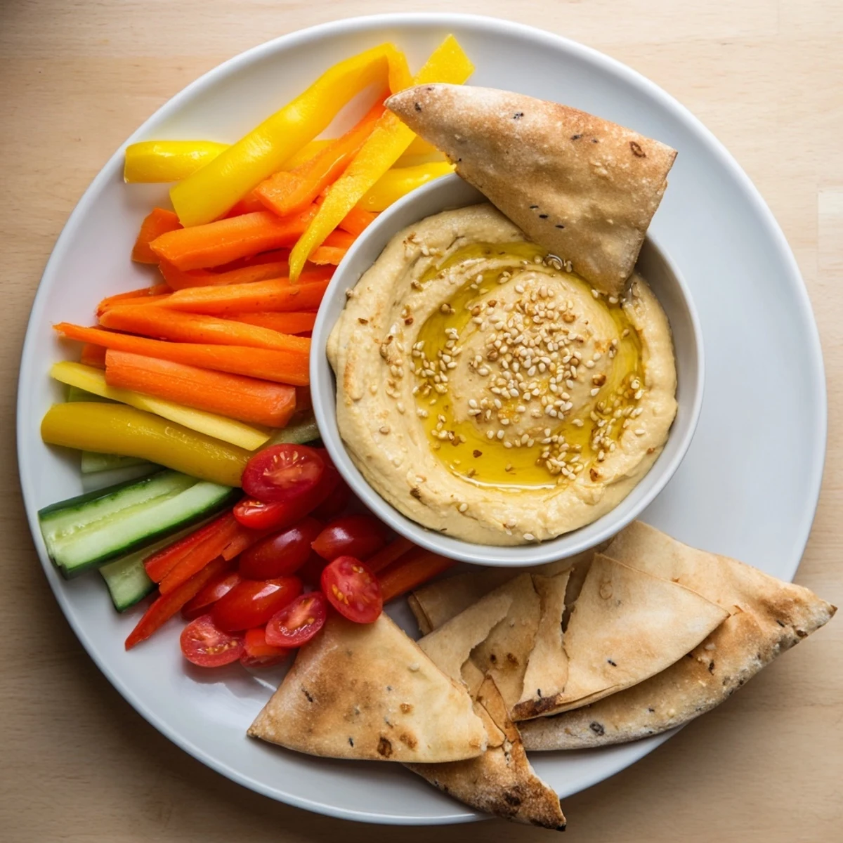 Homemade hummus, pita, and veggie sticks: A vibrant, creamy spread perfect for dipping fresh vegetables.