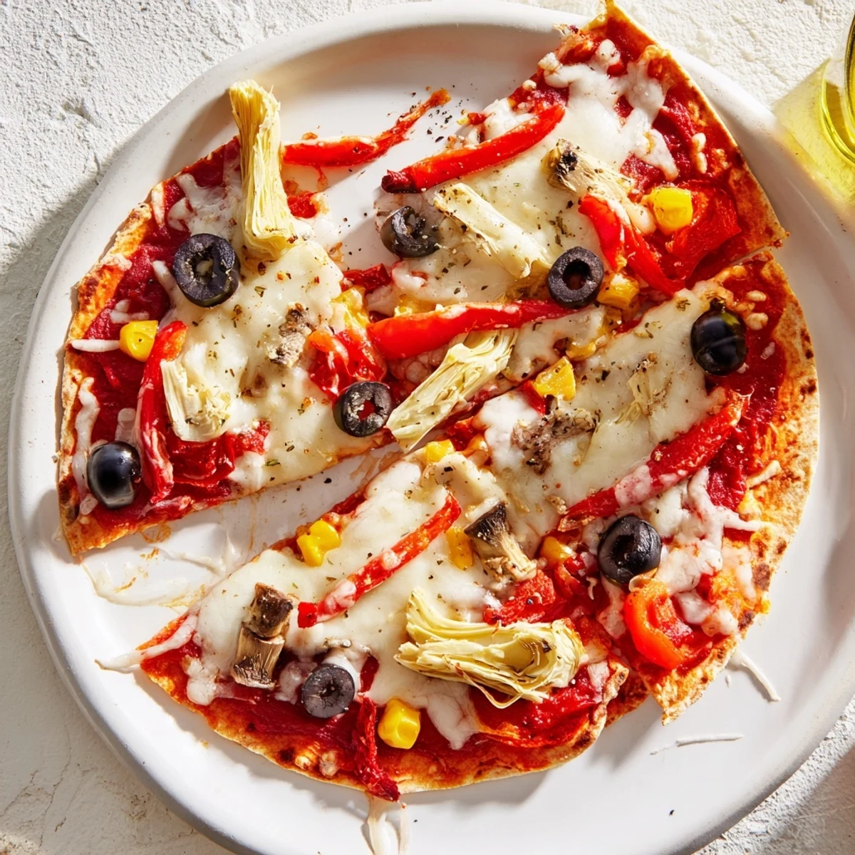 A close-up view of a freshly baked tortilla pizza featuring colorful pantry toppings and melted mozzarella.