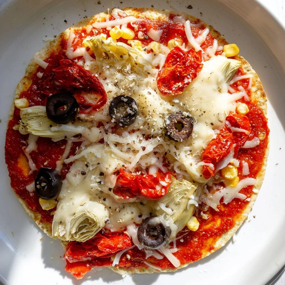 Delicious tortilla pizza with sun-dried tomatoes and red peppers, perfect for a fast, flavorful meal.