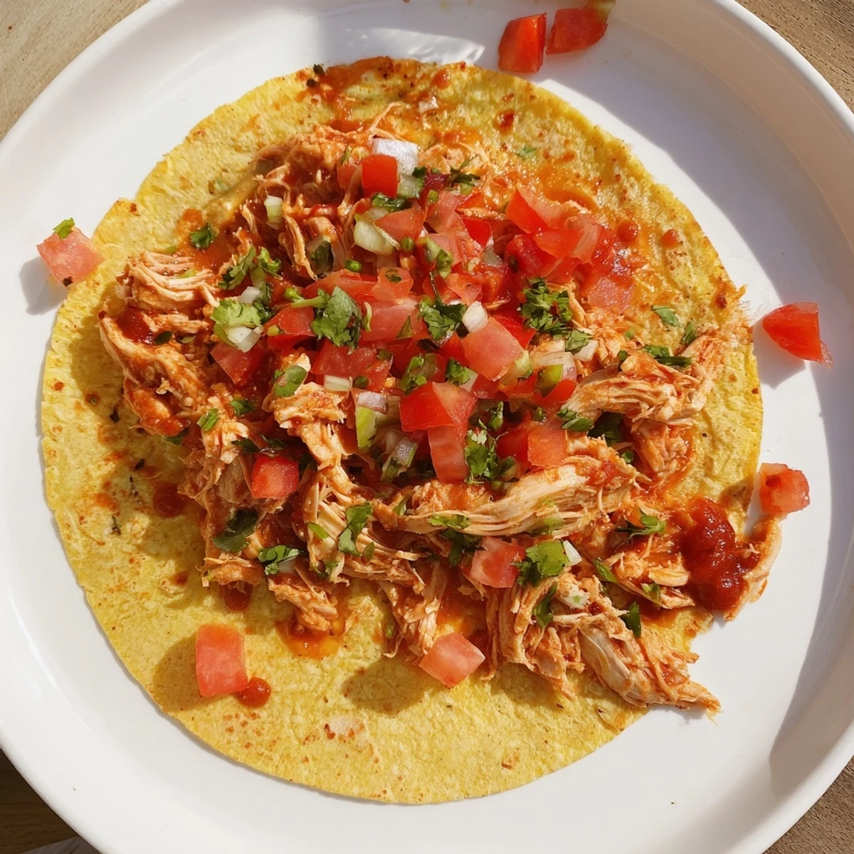 Juicy Crock-Pot Shredded Chicken Tacos spilling out of fresh corn tortillas, ready for toppings.