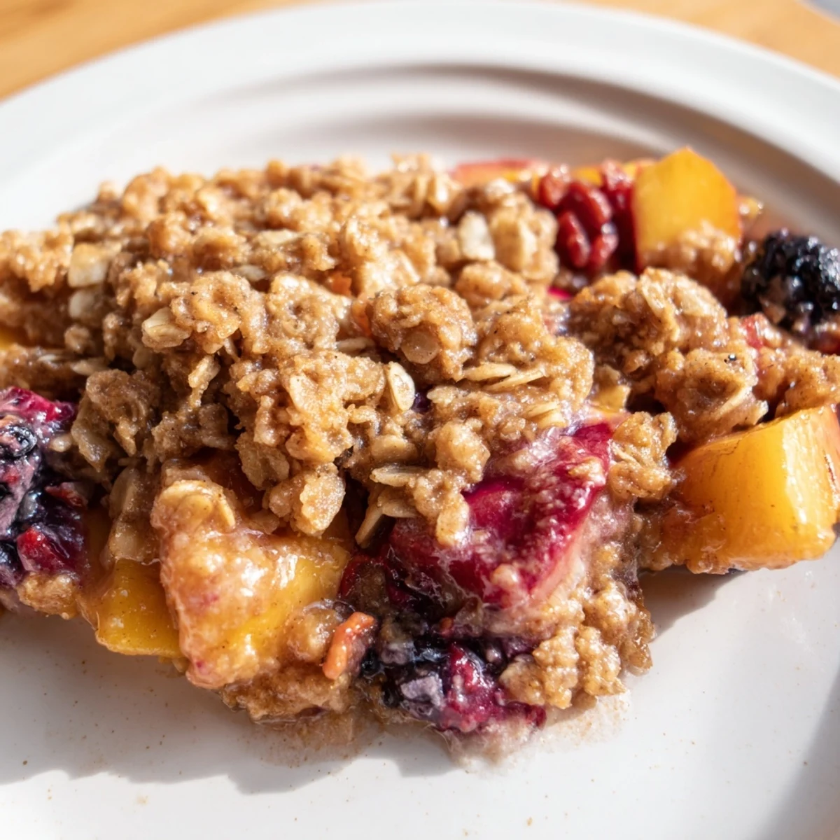 Close-up of a delightful Fruit Crisp, showing a sweet, syrupy mixture of fruit and oats.