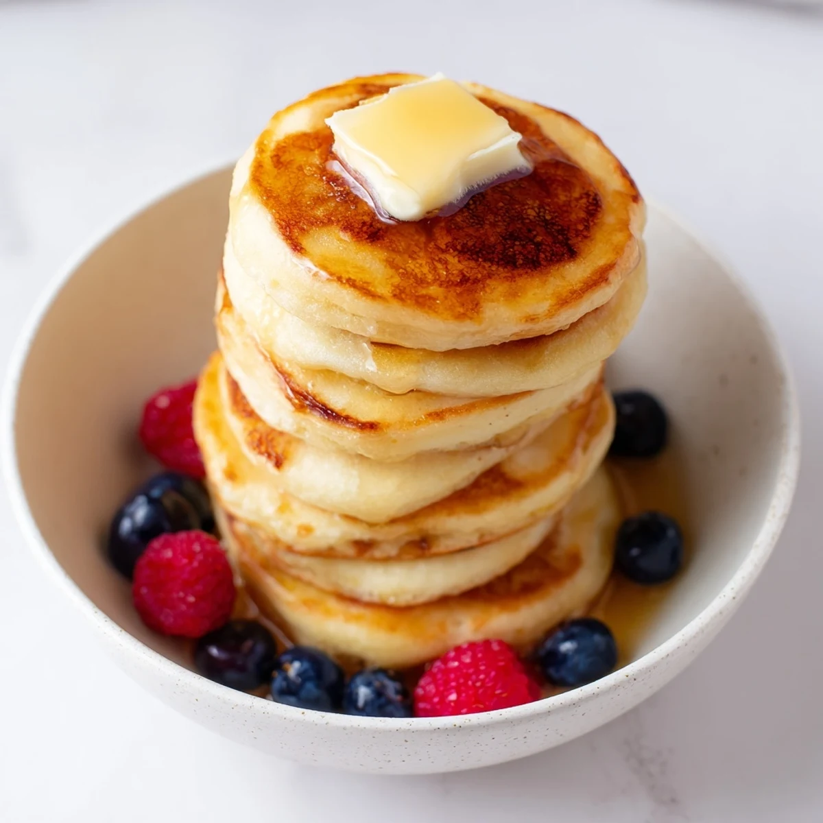 Fluffy golden Pancake Cereal, served in a bowl, drizzled with maple syrup and fresh berries.