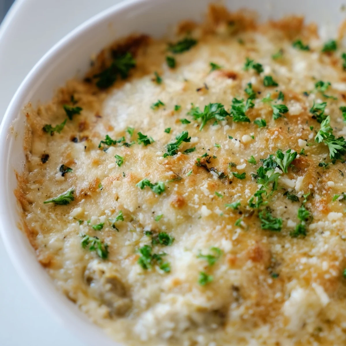 Creamy Baked Artichoke Dip, fresh from the oven, ready to scoop with crackers for dipping.