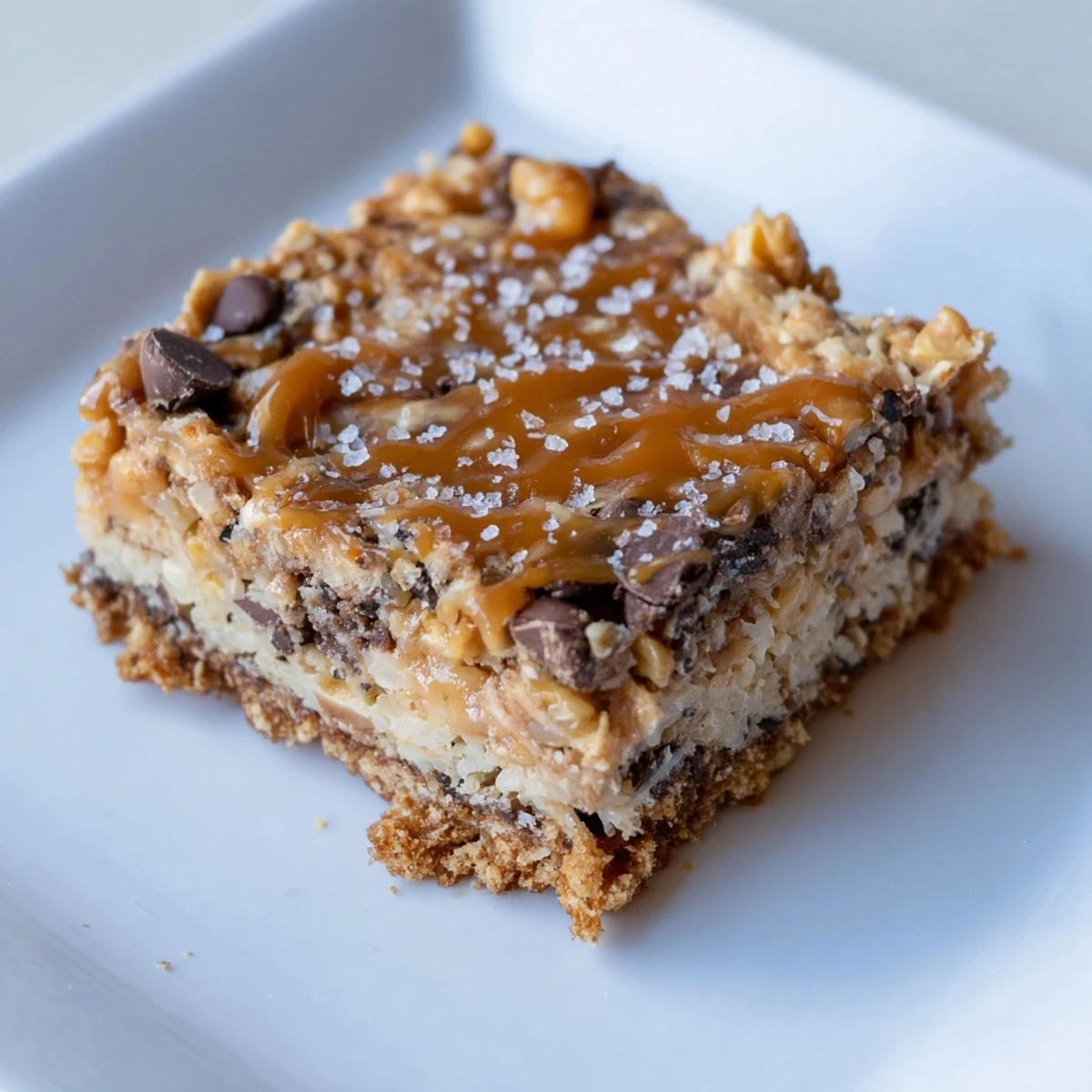 Warm, gooey 7-Layer Magic Bars with a glistening salted caramel drizzle, ready to enjoy.