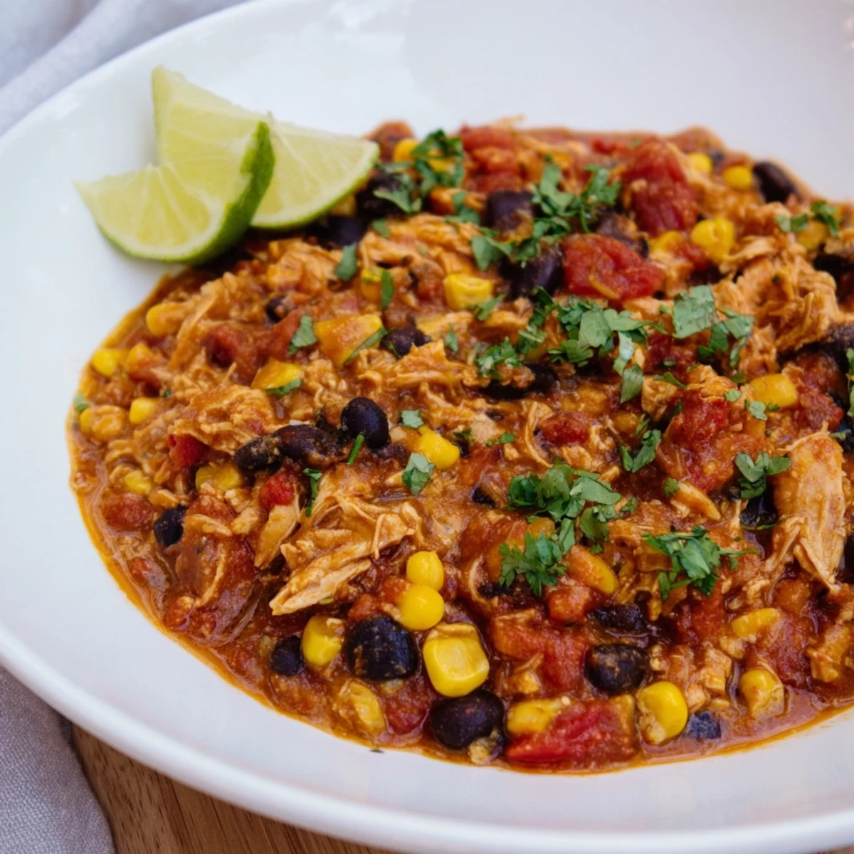 Tender slow-cooked Salsa Chicken, steaming in the slow cooker, ready for your favorite taco night.