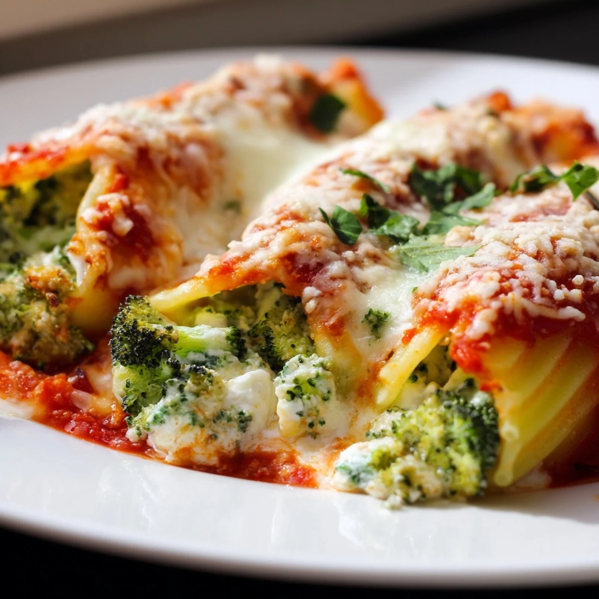 Steaming bowl of Cozy Broccoli Stuffed Manicotti, bubbling with cheese and marinara, ready to serve warm.