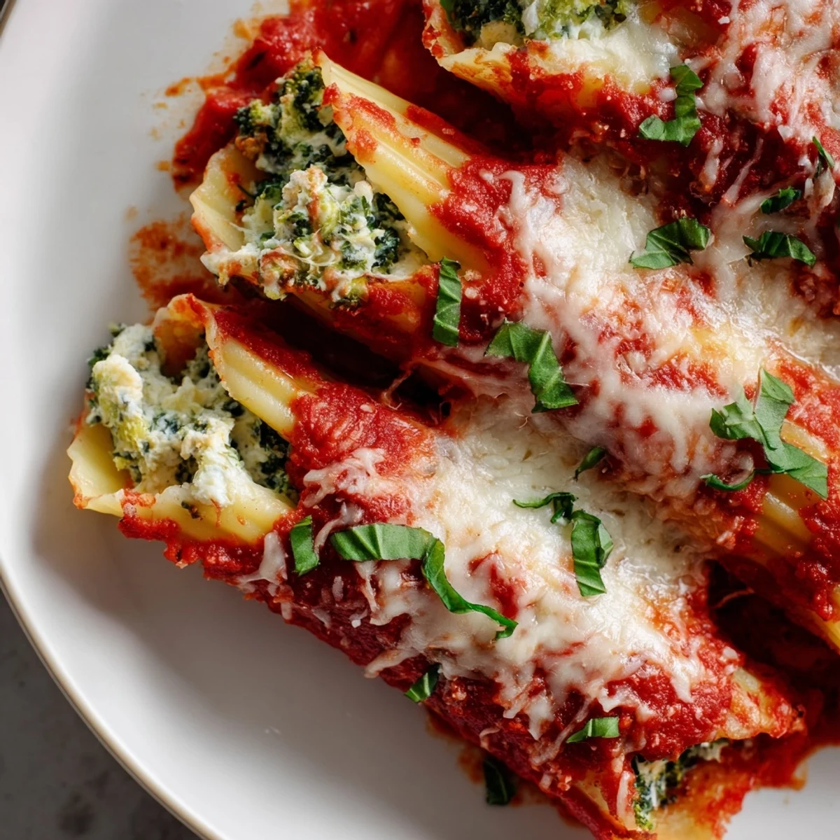 Baked Cozy Broccoli Stuffed Manicotti with melted mozzarella, a classic, comforting Italian-American dinner.