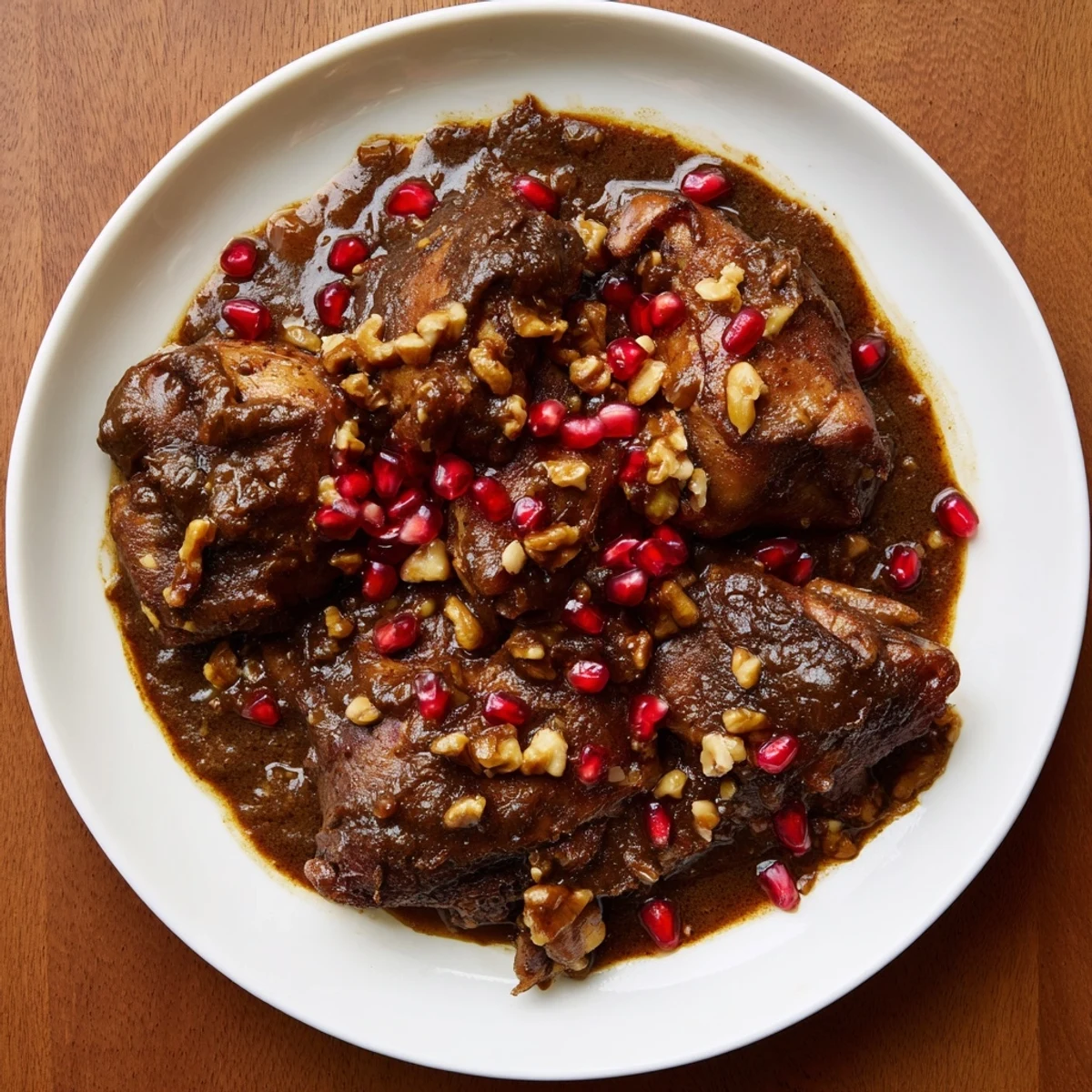 A steaming bowl of Pomegranate Walnut Fesenjan Stew with dark, rich chicken.