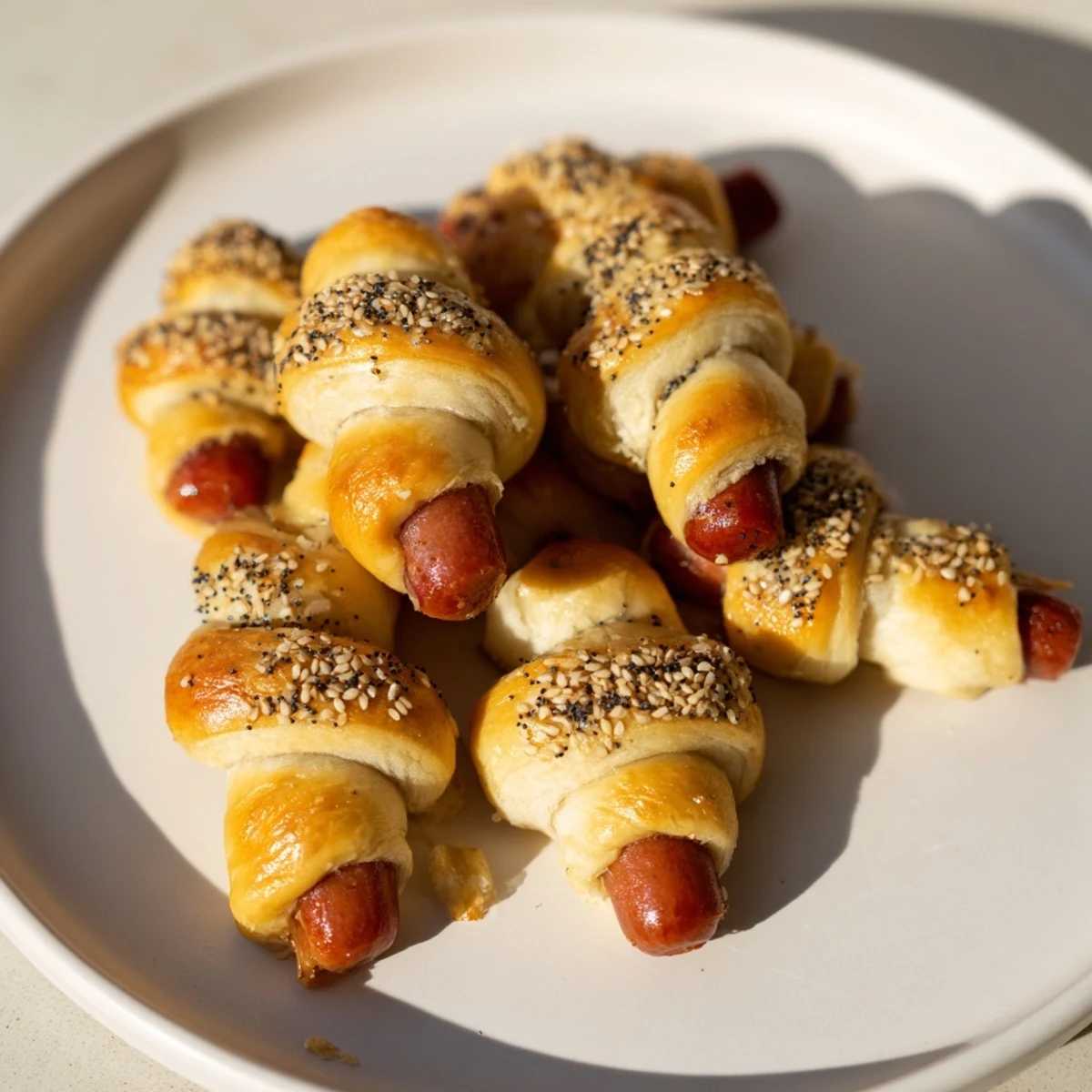 Crispy dough wraps juicy sausages in this easy Everything Bagel Pigs in a Blanket appetizer, baked to perfection.