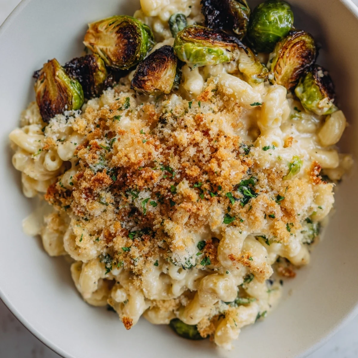 Sheet pan mac and cheese with Brussels sprouts, golden-brown and bubbling, ready to serve and enjoy.