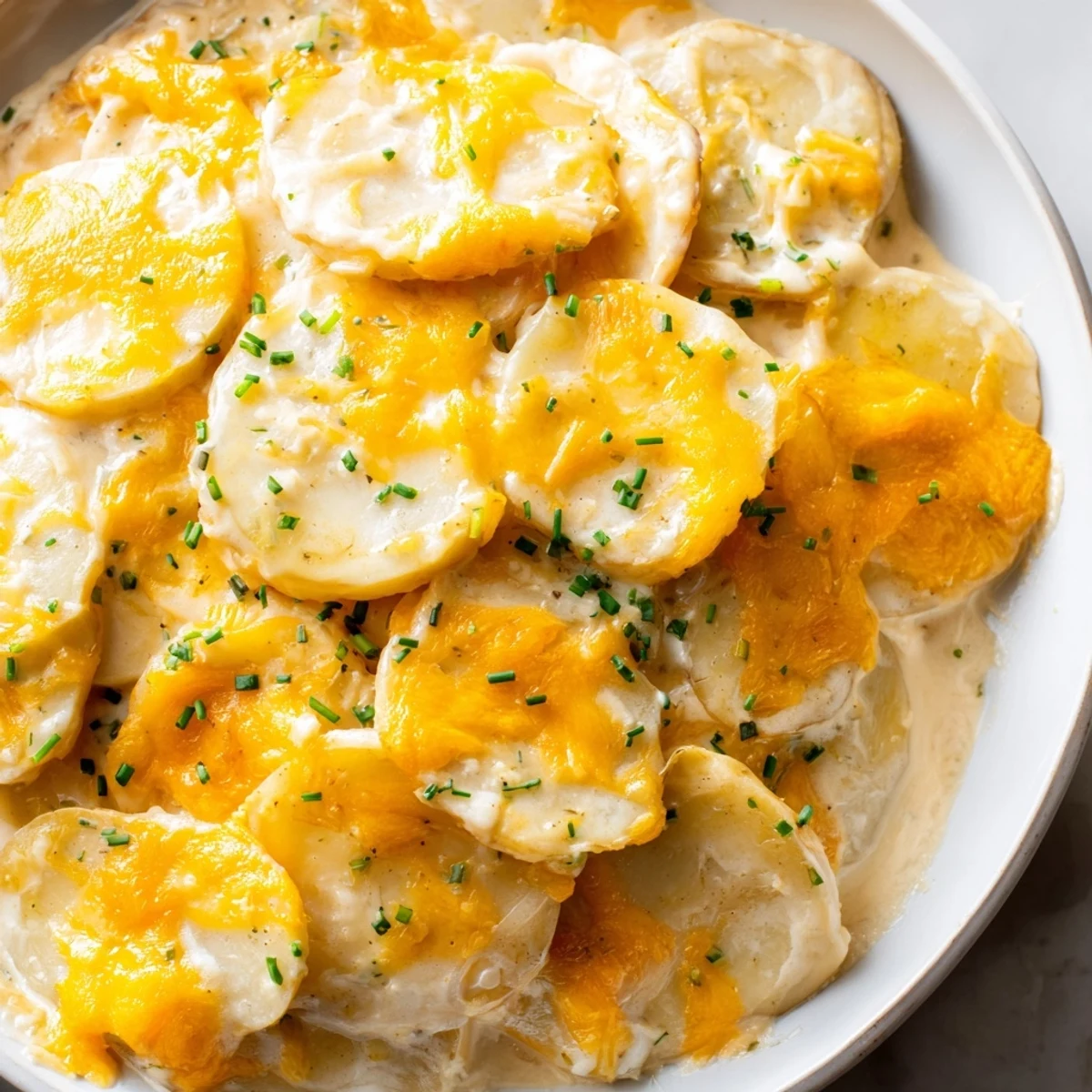 Golden-brown, bubbly cheesy scalloped potatoes, a comforting Southern side dish, ready to serve and enjoy.