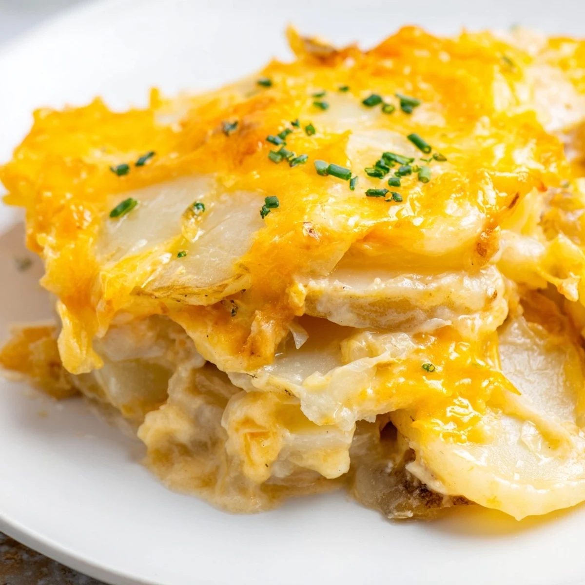 Melting Gruyère and cheddar top these creamy cheesy scalloped potatoes, perfect for a family holiday meal.
