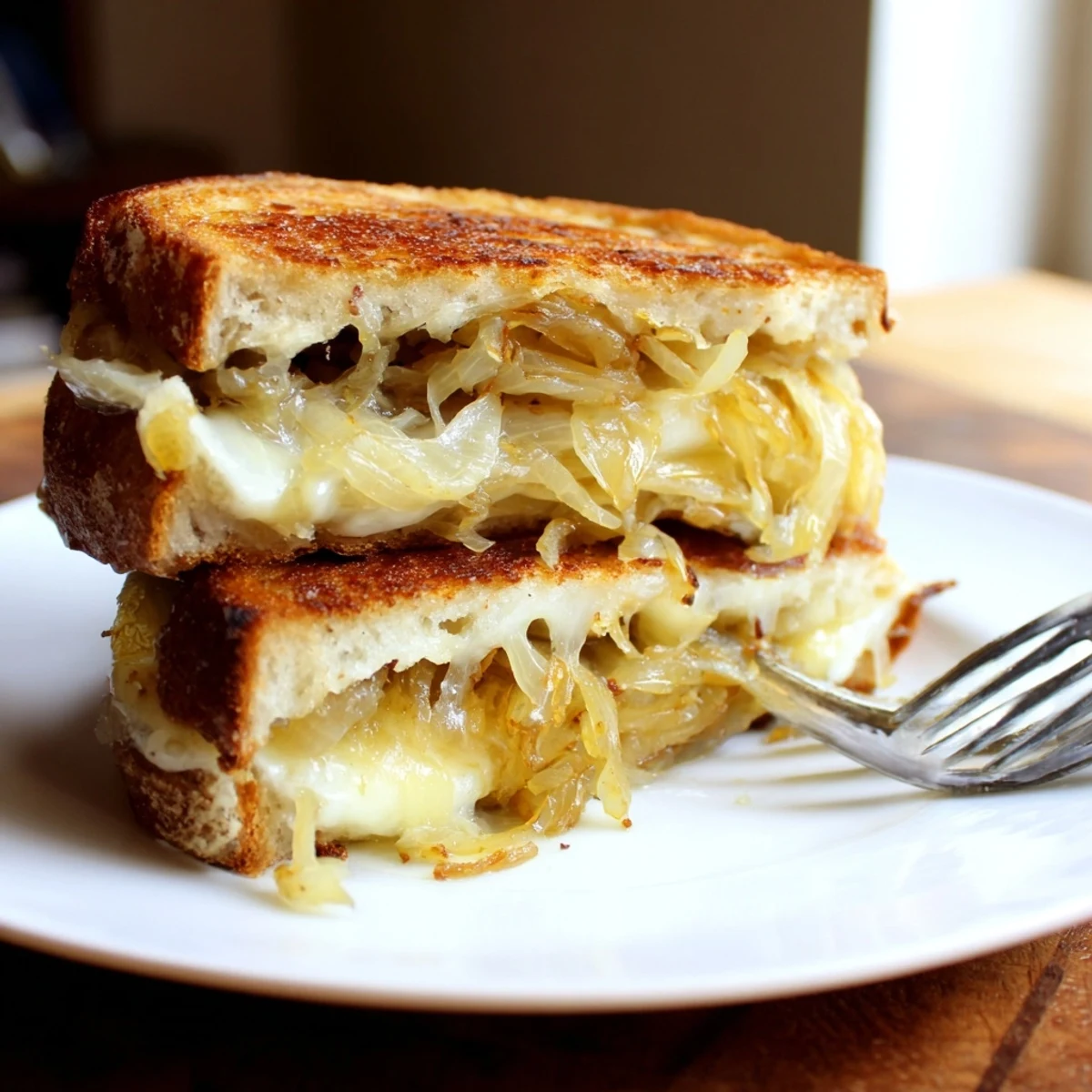 Golden-brown French Onion Grilled Cheese, with melted Gruyère, bursting with savory caramelized onions.