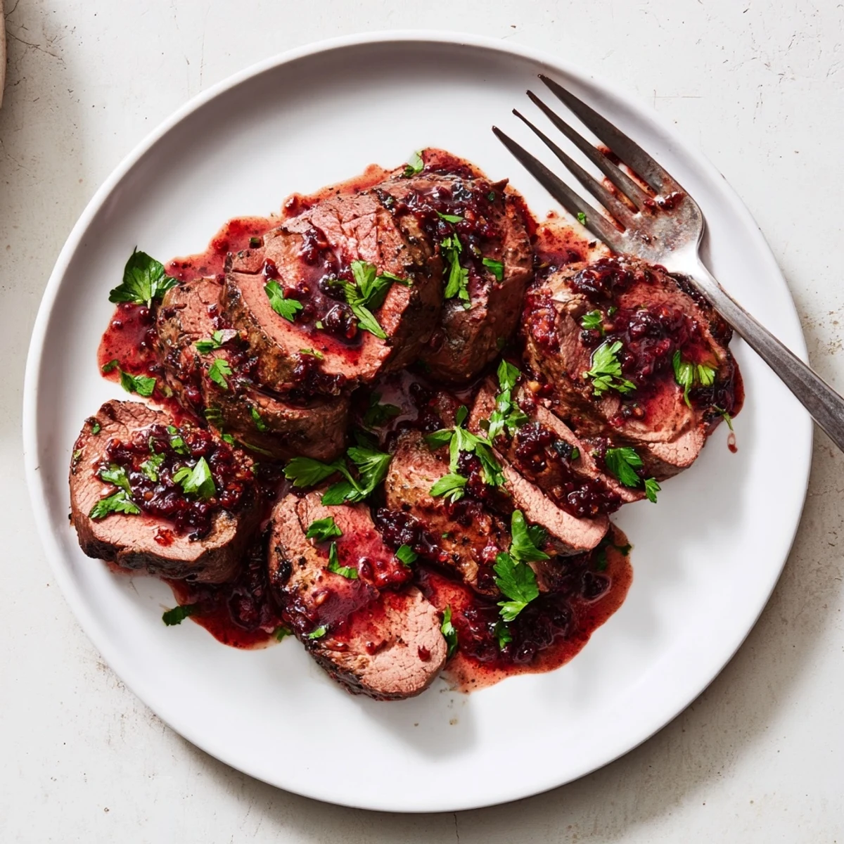 Tender slices of Tart Cherry Date Glazed Pork Tenderloin glistening with a sweet, balsamic glaze.