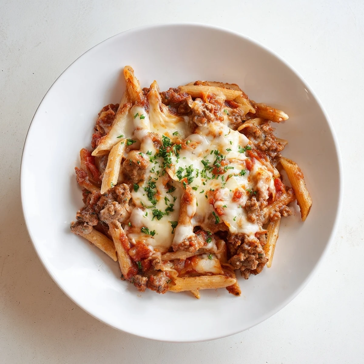 Steaming hot Budget Sausage and Cheese Pasta Bake with bubbling cheese, ready to serve with family.
