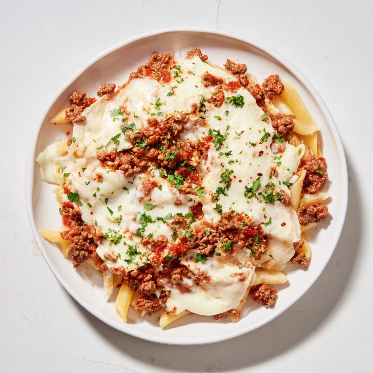 A close-up of a bubbling Budget Sausage and Cheese Pasta Bake, showcasing melted cheese and flavorful sausage.