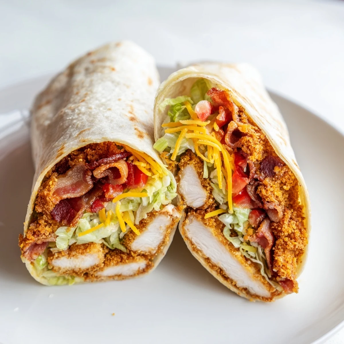 Golden-brown, crispy chicken bacon ranch wrap, overflowing with fresh, vibrant fillings and flavor.