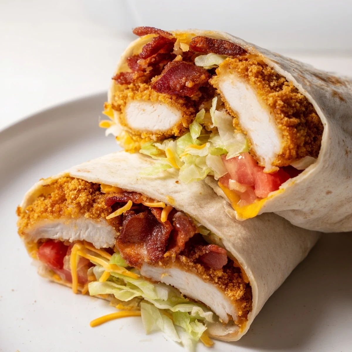 A cross-section view of a delicious crispy chicken bacon ranch wrap, showing layers of ingredients.