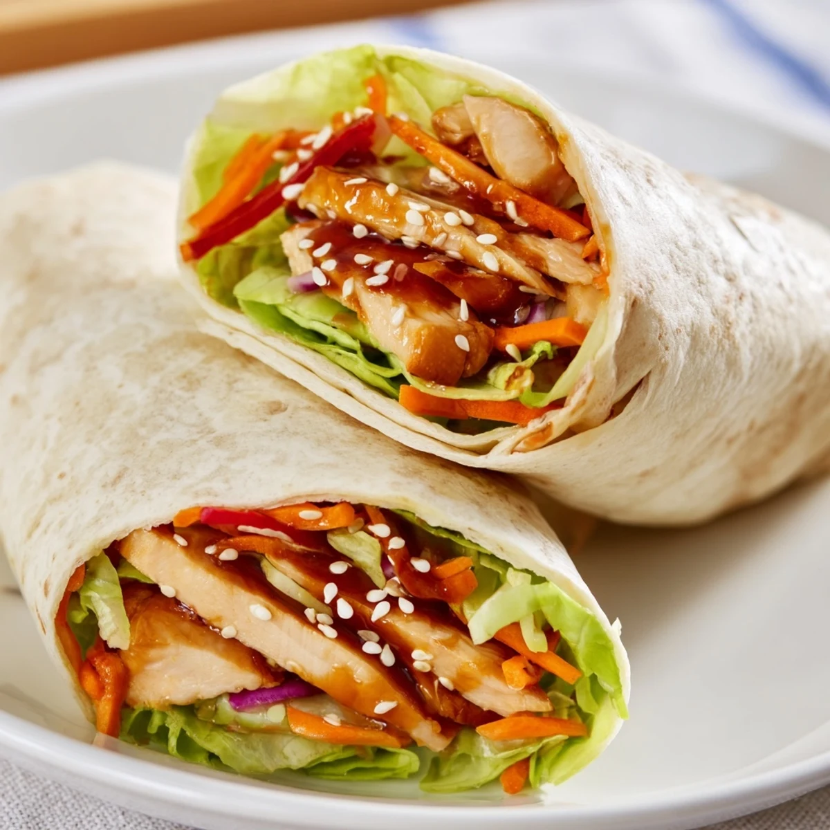 Tender teriyaki chicken wrap, bursting with colorful veggies, ready for a delicious, satisfying bite.