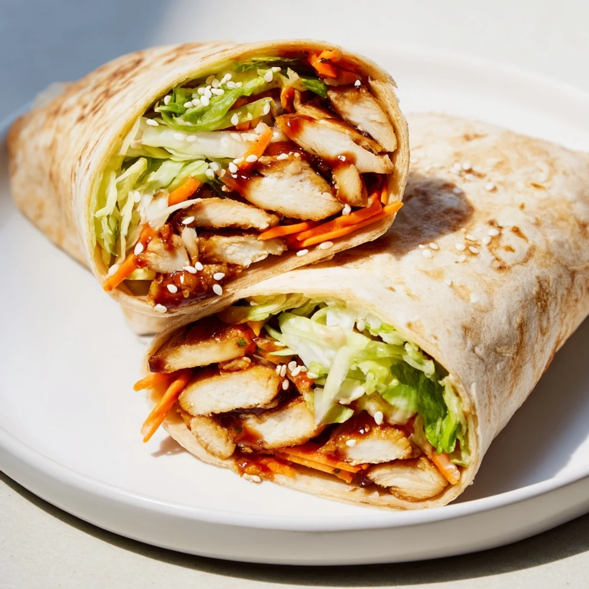 Warm, soft tortilla holding a flavorful teriyaki chicken wrap, a healthy and easy lunch option.