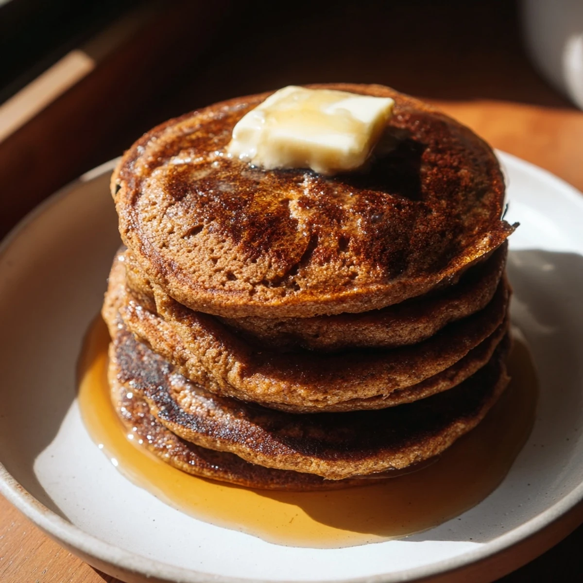 Freshly made Gingerbread Pancakes, with melted butter and ready for a bite on a cold morning.